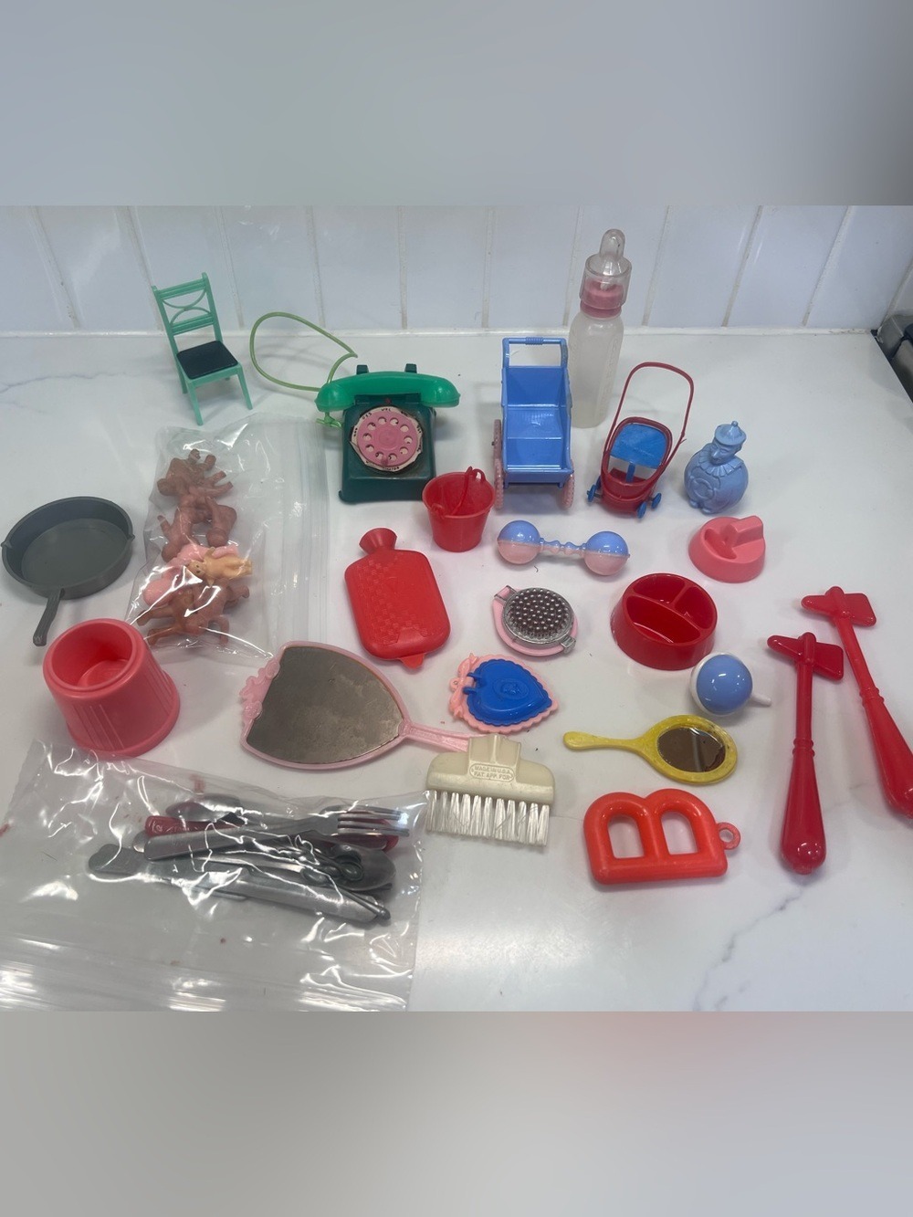 Vintage Child's Pretend Plastic Play Toys Lot - Phone Stoller Pans Baby And More